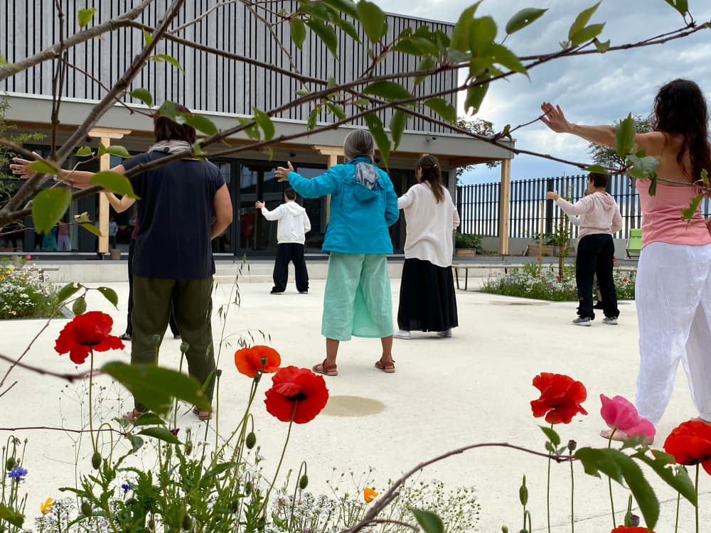 Pratique de qigong en groupe à Ming Shan