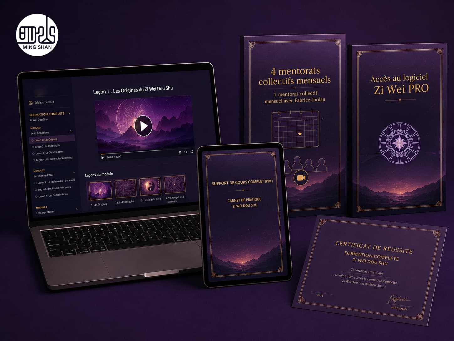 Tout ce que contient la formation Zi Wei Dou Shu : les leçons vidéo, le carnet de pratique et le support de cours PDF, les mentorats collectifs mensuels, l'accès au logiciel Zi Wei PRO et le certificat de réussite